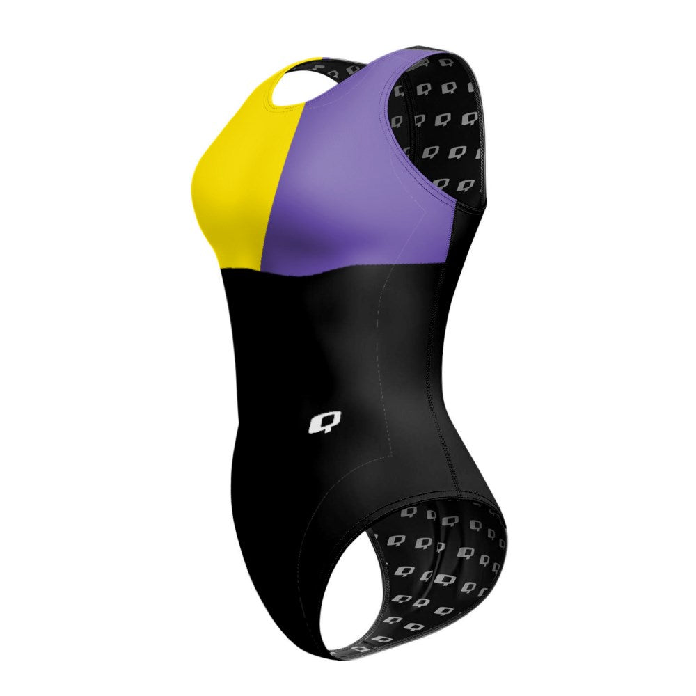 Tricolor Squares Female Waterpolo Suit - Amarillo/Morado