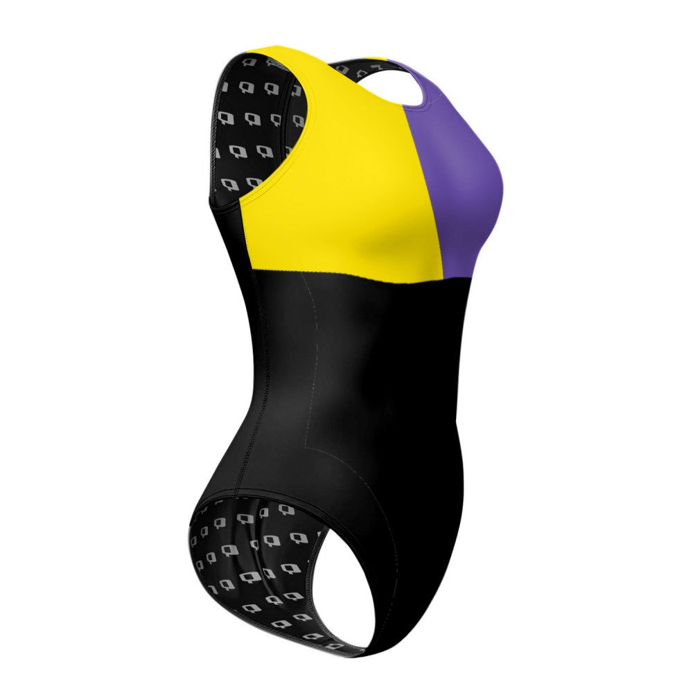 Tricolor Squares Female Waterpolo Suit - Amarillo/Morado