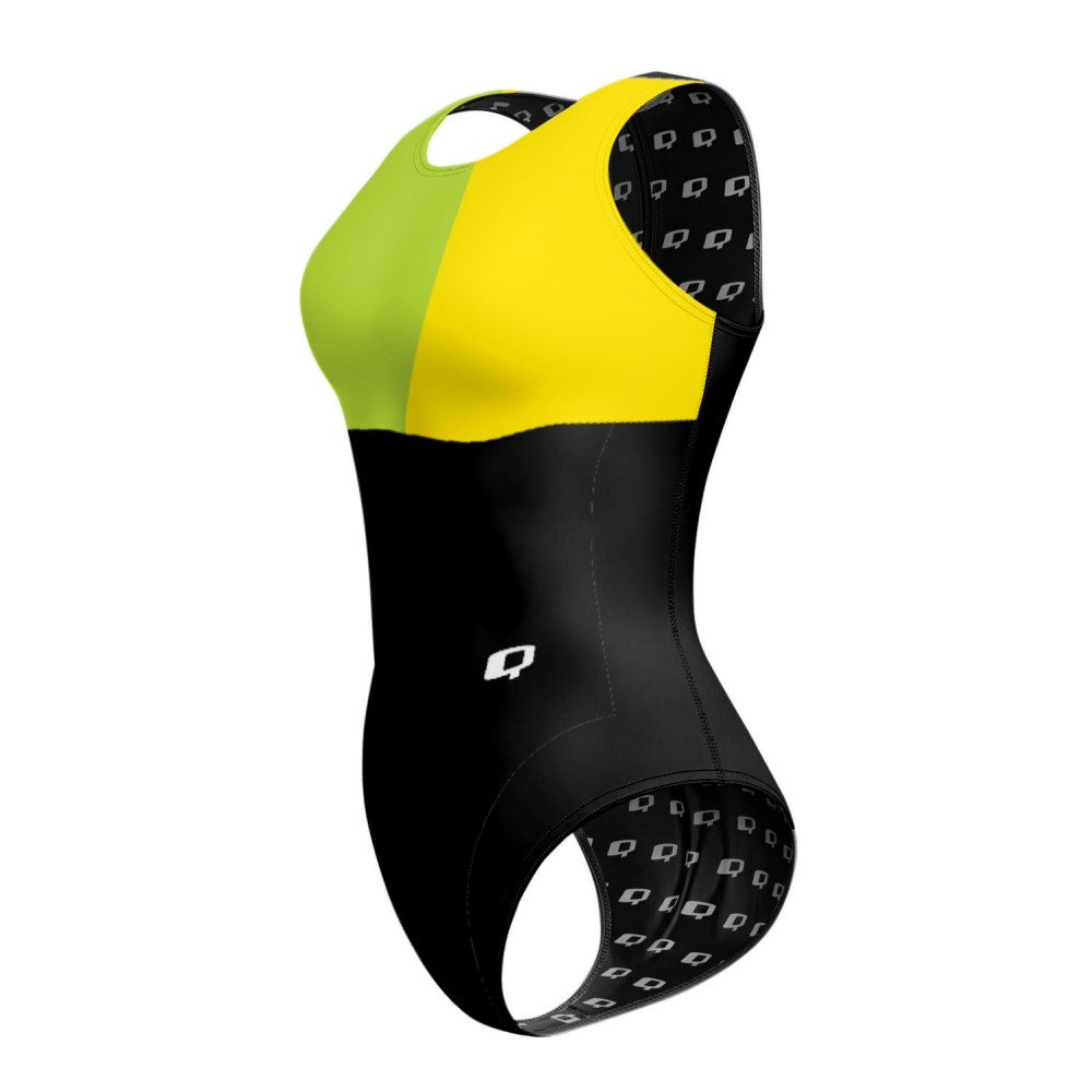 Tricolor Squares Female Waterpolo Suit - Verde/Amarillo